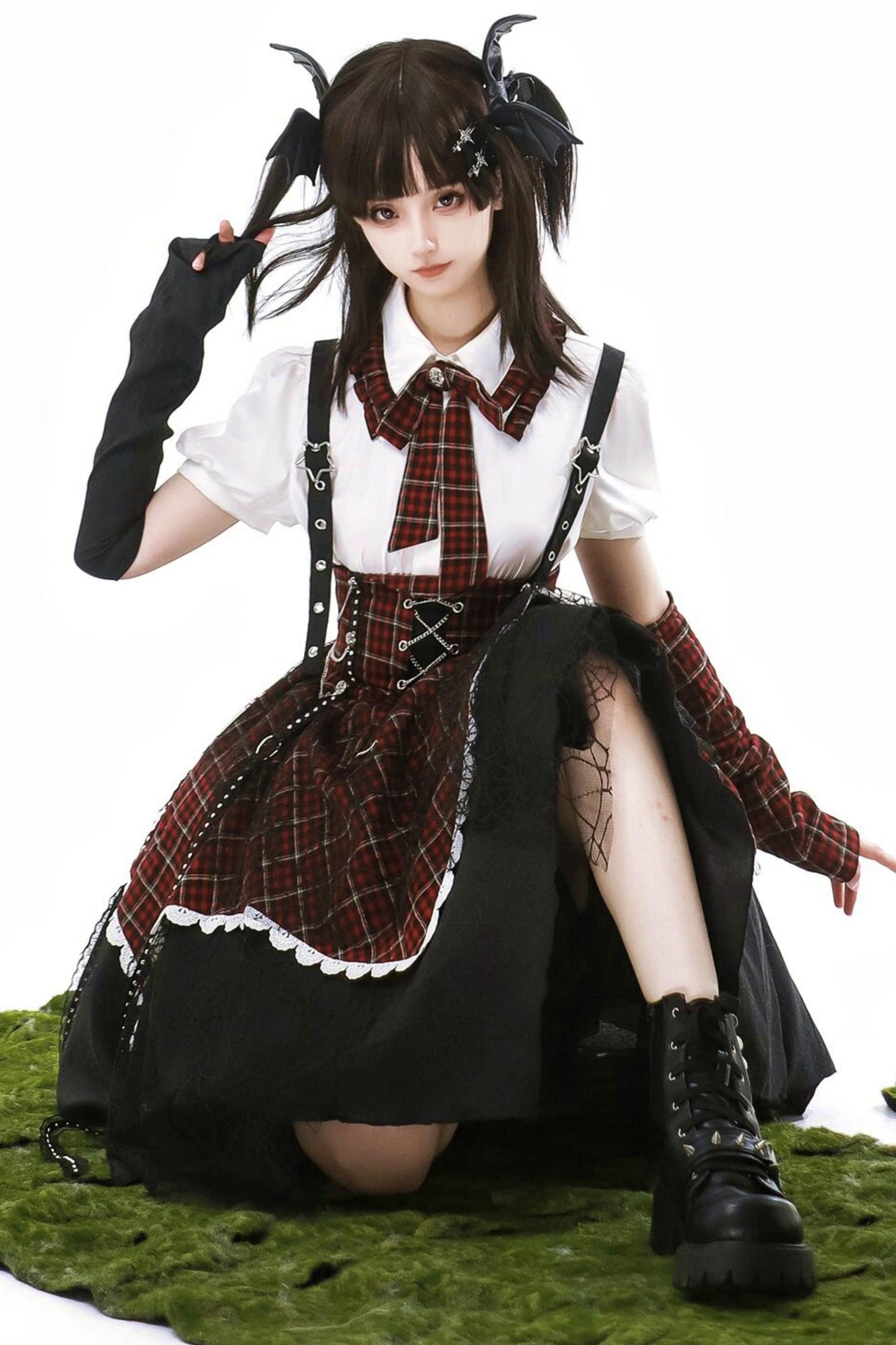Gothic-Schulidol-Lolita-Trägerrock + Hemd + Ärmel