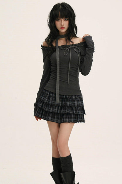 オフショルダーフリルリボントップス（スキニーロングスカーフ付き）