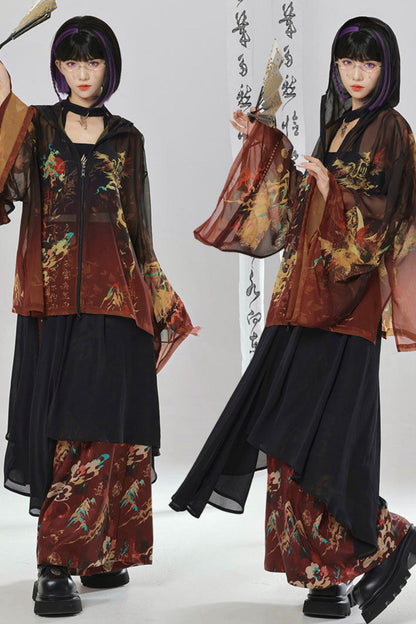 Gold Dragon Embroidered Choker Top (with Cups) + Chinese-Style Wide-Leg Pants
