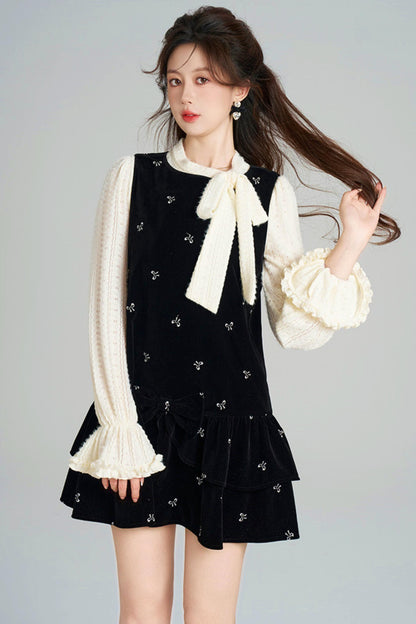 French Sweet Käbel Velvet Dress + Ribbon Neck Blouse