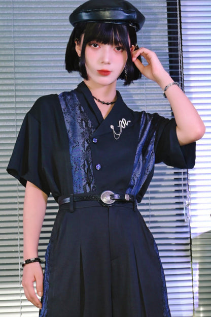 Asymmetrical Collar Snake Print Shirt (with Snake Motif Brooch)