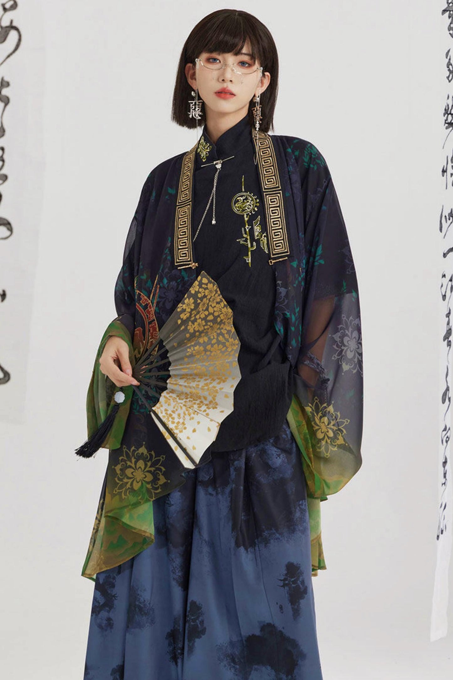 Black and Gold Oriental Ribbon Shirt + Chinese Wide-Leg Pants