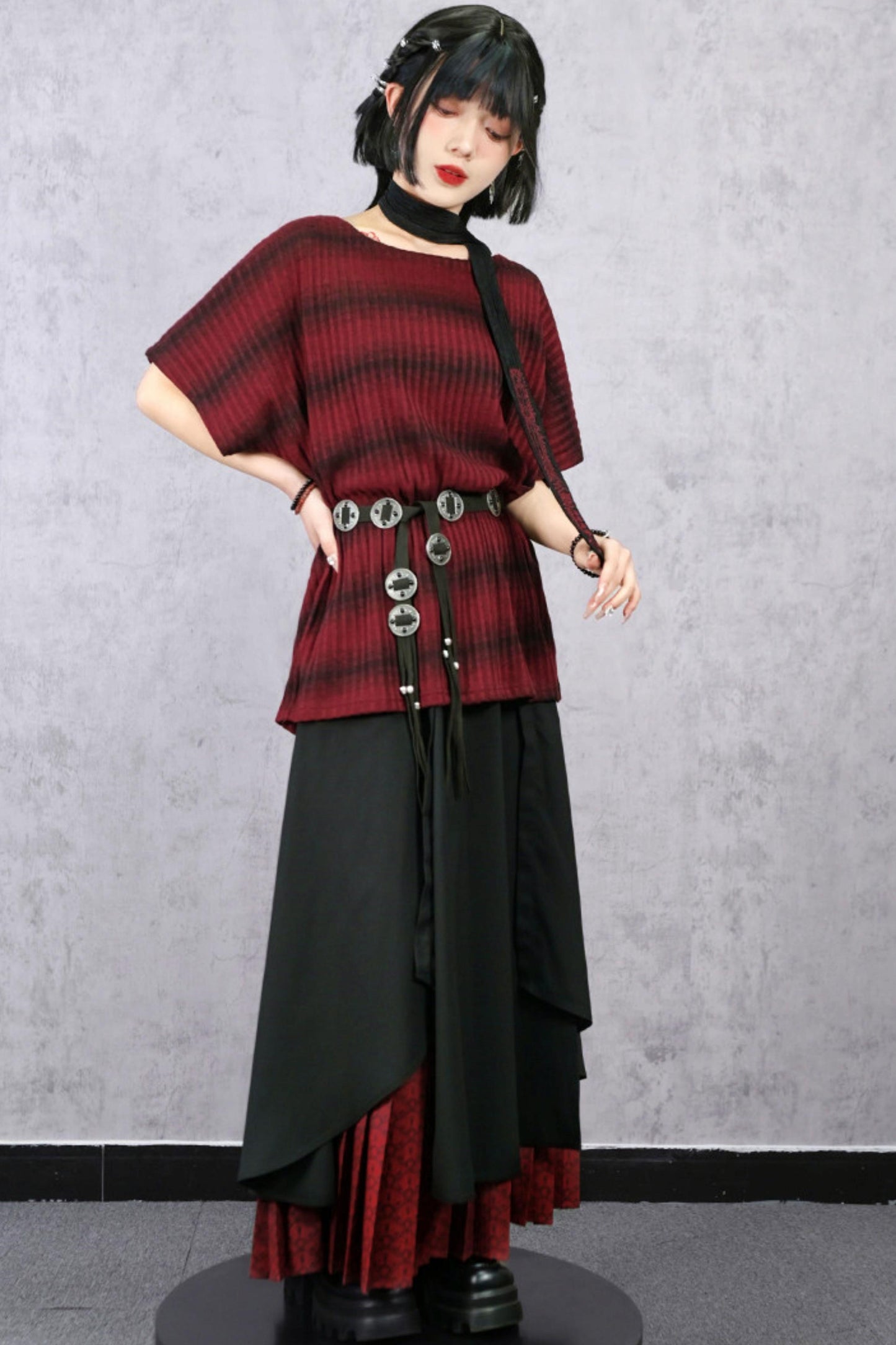 条纹针织蝙蝠袖毛衣