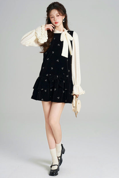 French Sweet Käbel Velvet Dress + Ribbon Neck Blouse