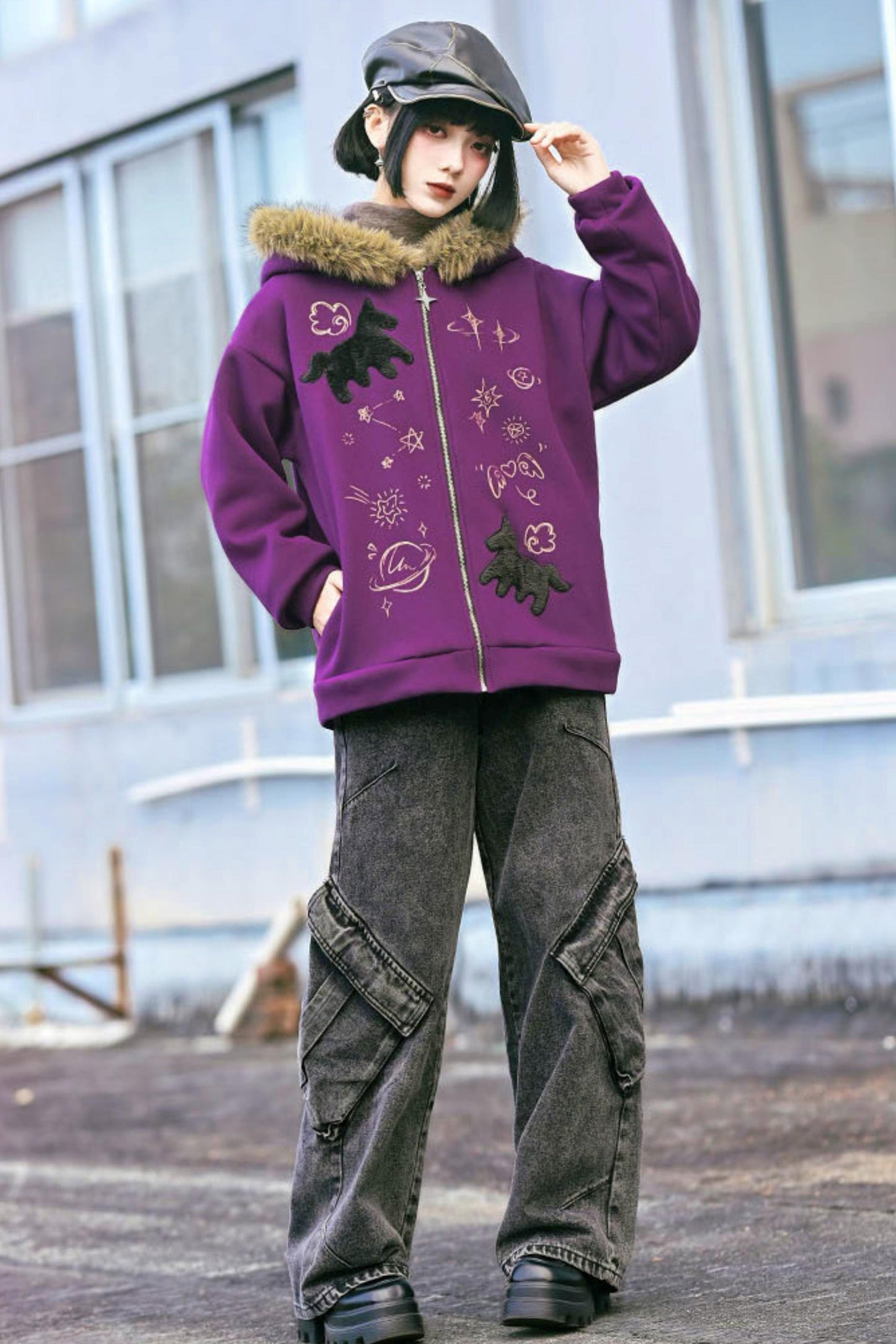 グラフィティファーカラーフーデッドフリースジャケット