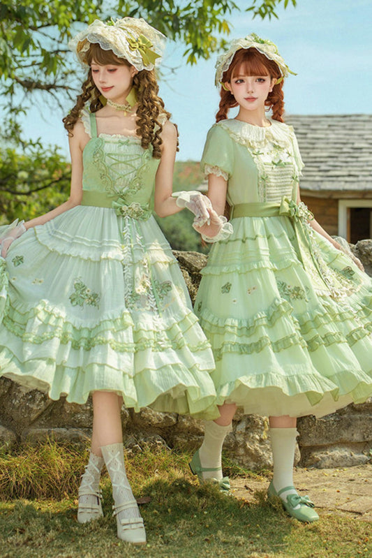 Grünes Stickerei-Lolita-Kleid + Cardigan + Hut + Gürtel + Accessoires