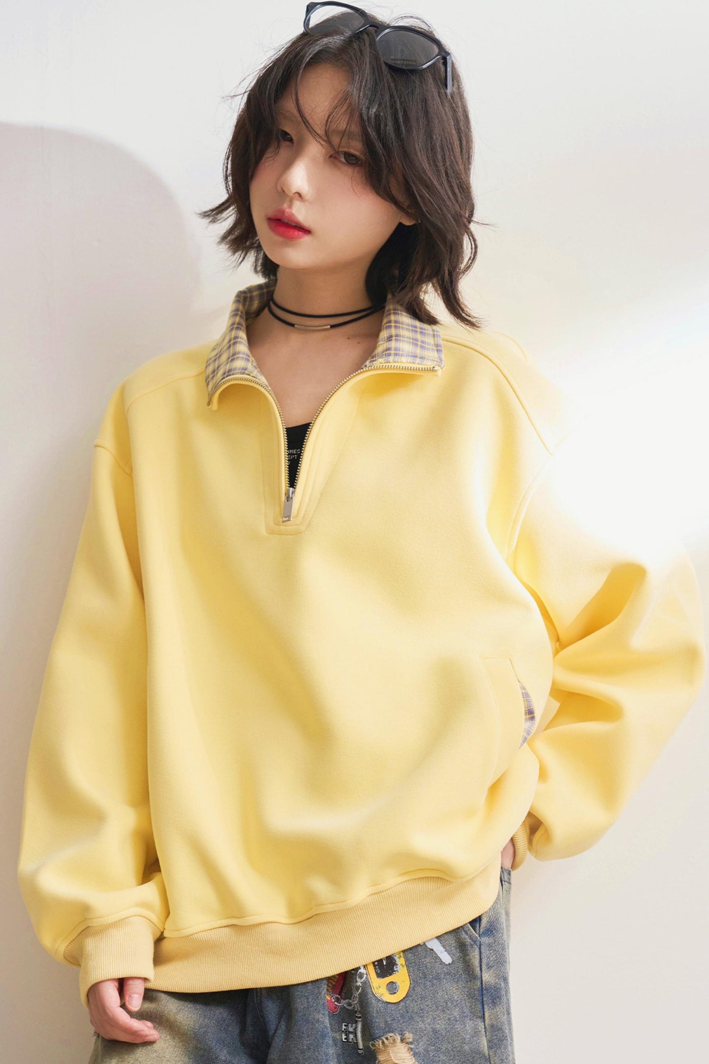 カジュアルハーフジップチェックスウェット