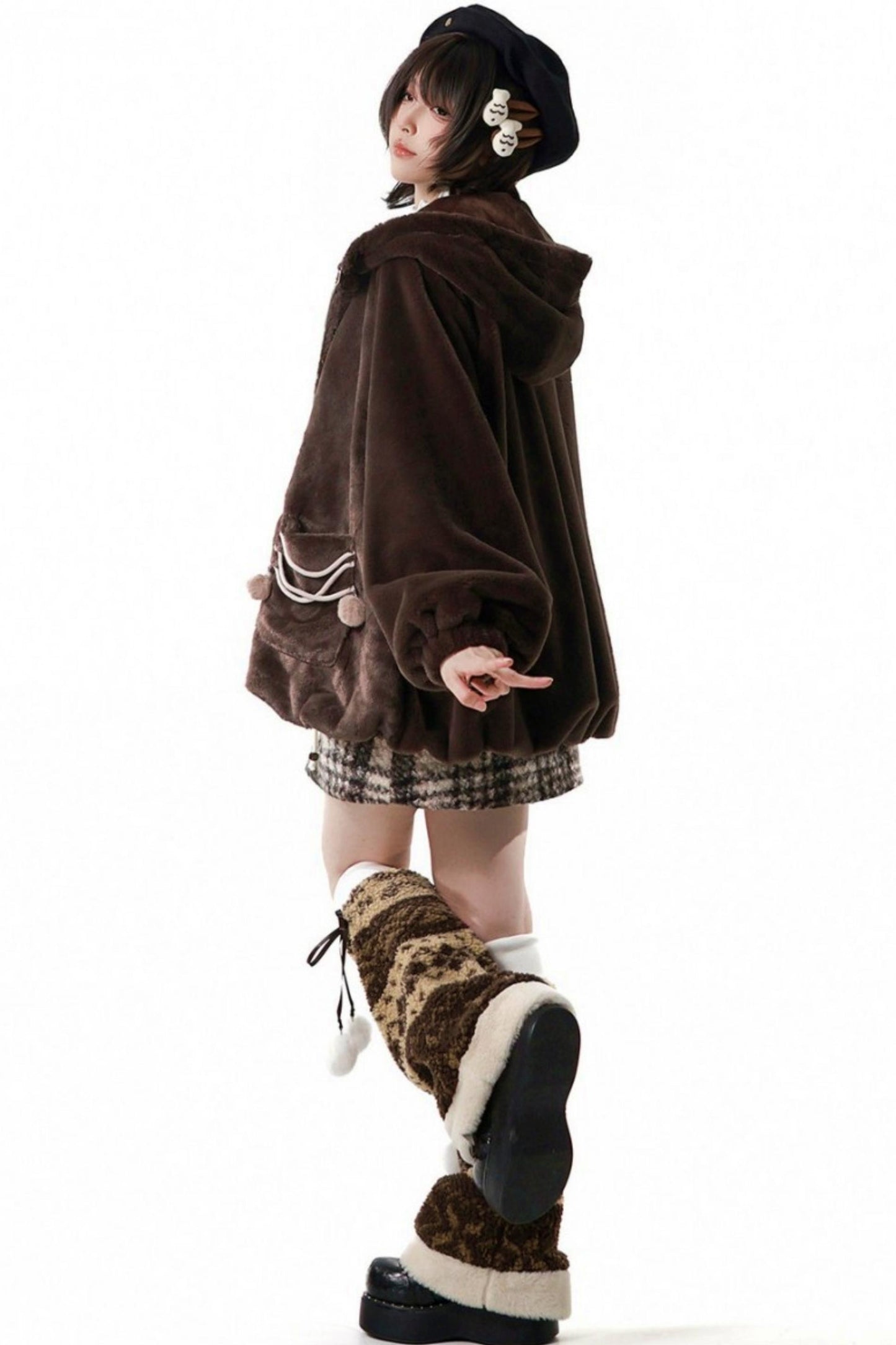 Plaid Skirt + Coat + Top + Leg Warmers