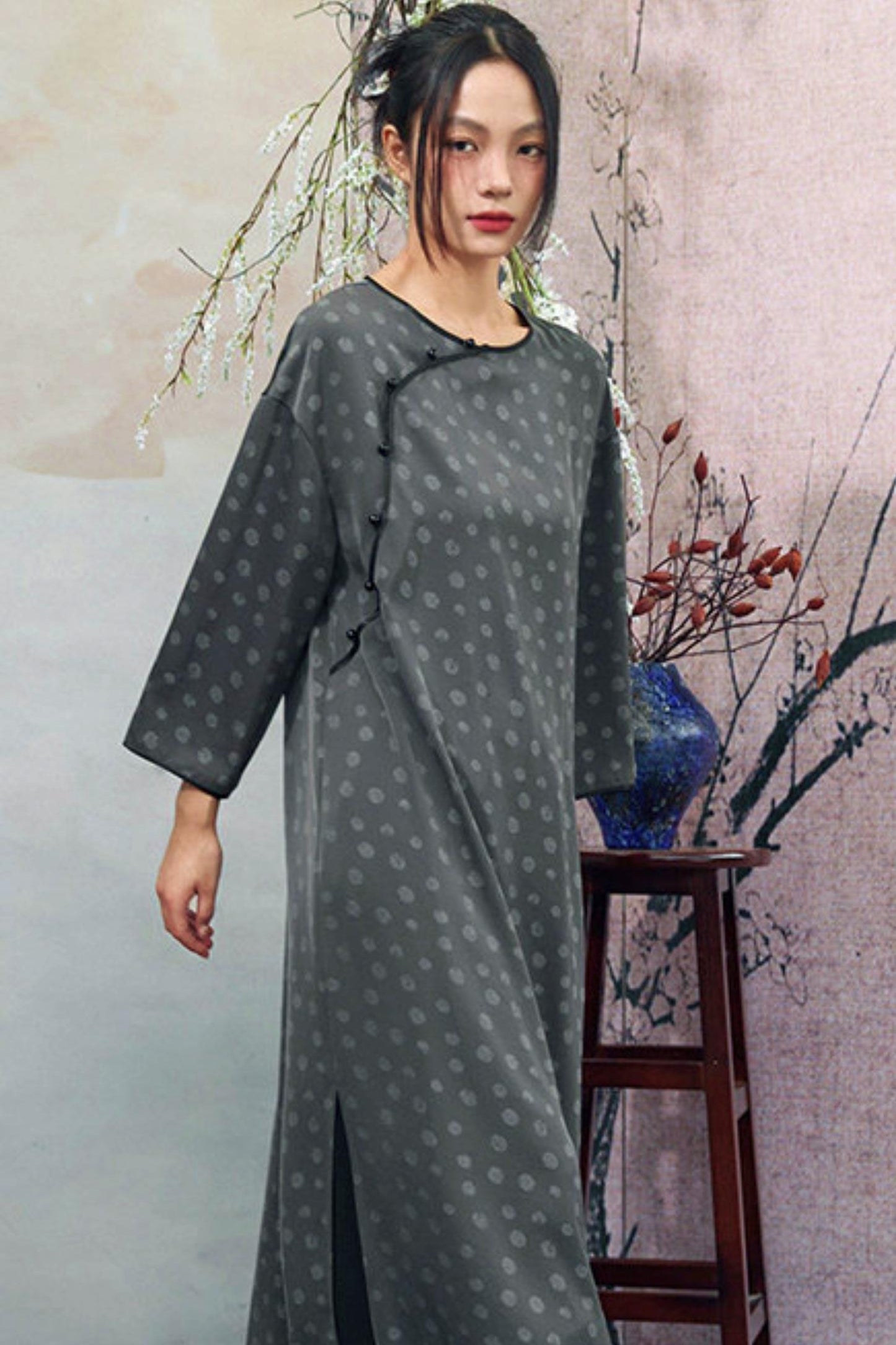 Dot Print Chinese Slit Long Dress