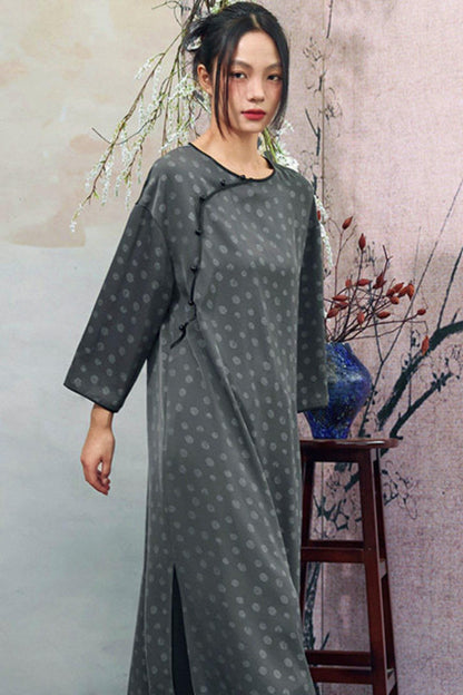 Dot Print Chinese Slit Long Dress