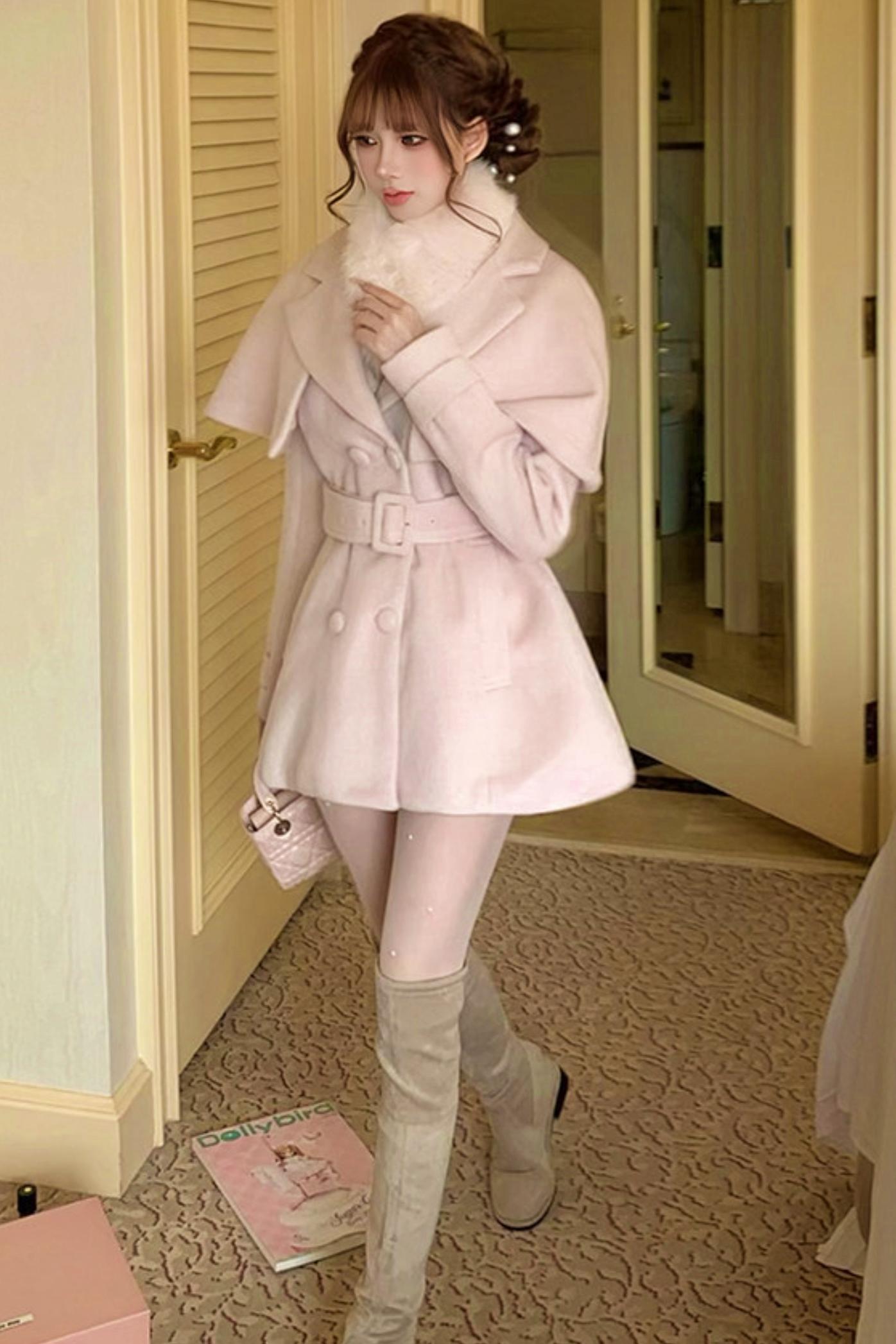 Celebrity Fur Collar Cape Coat