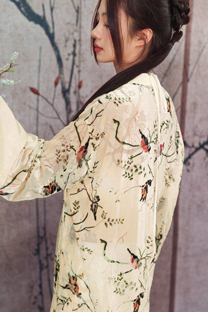Floral Print Sheer Satin Chinese-Style Long Cardigan