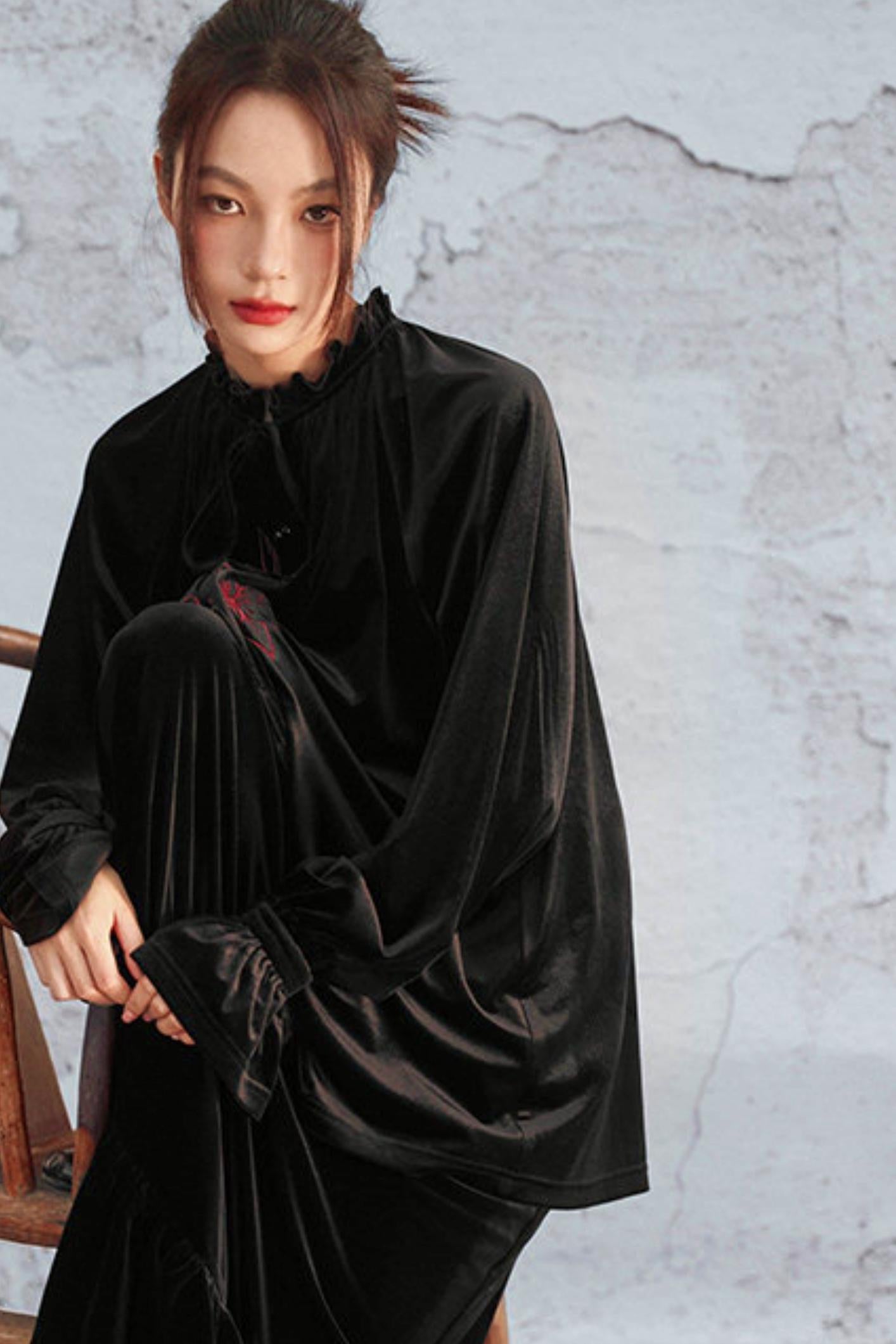 Black Velvet Lily Embroidered Blouse