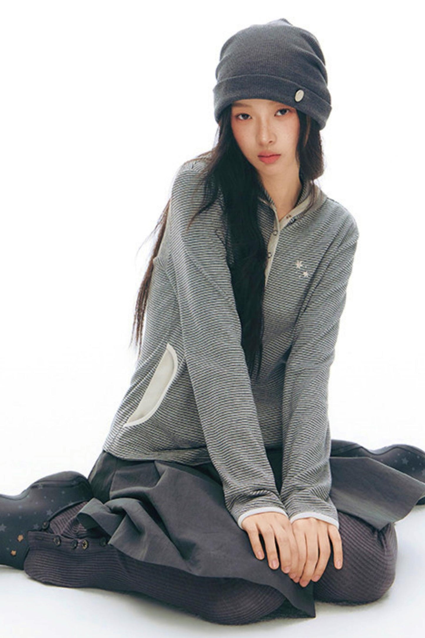 ストライプドフーデッドニットトップス