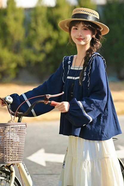 Lace Embroidered Square Collar Blouse