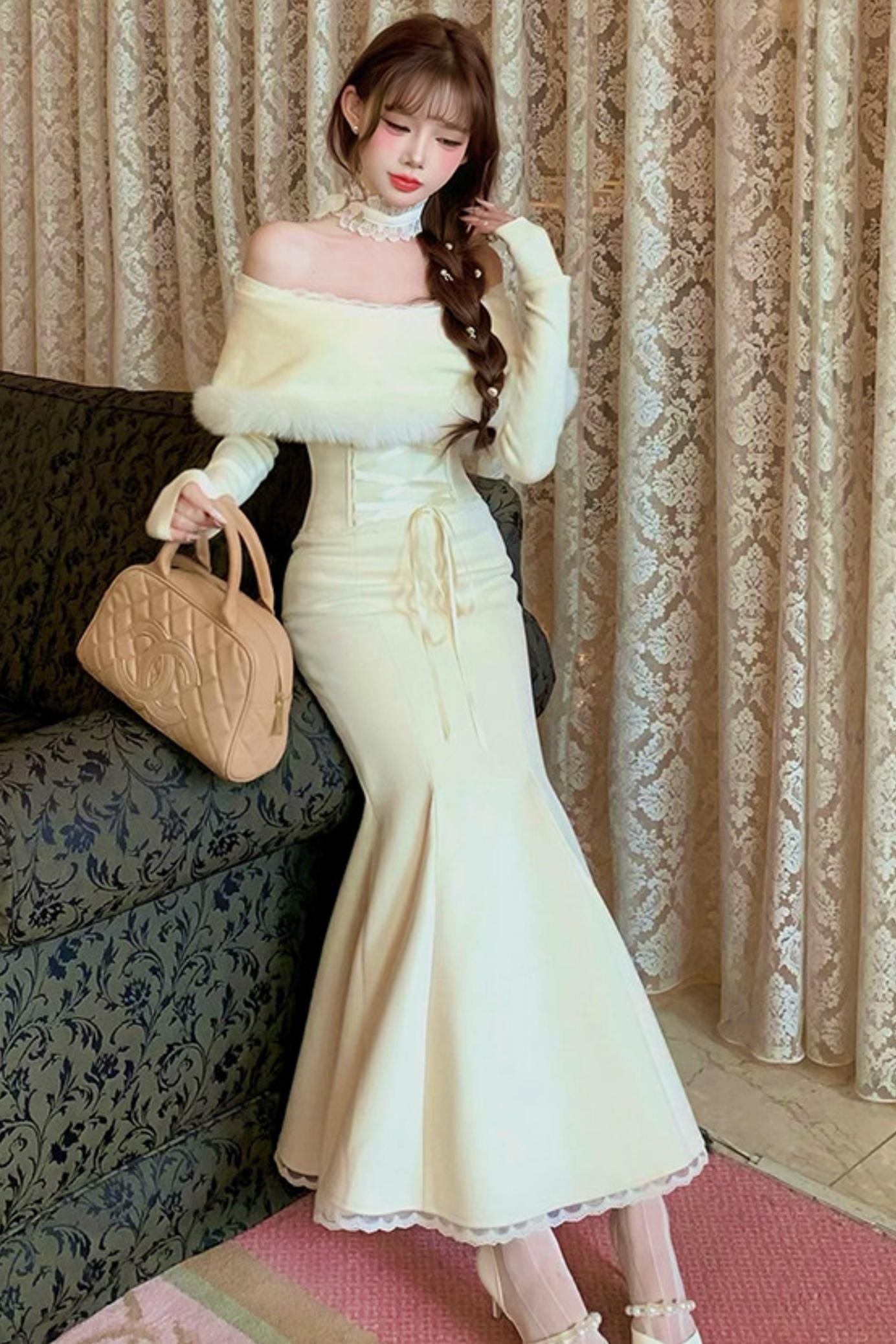 Elegant off-the-shoulder knit + mermaid skirt