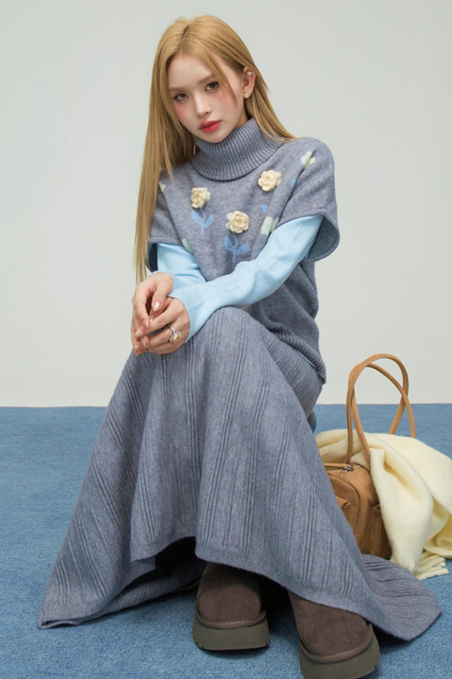 フローラルニットトップス+インナートップス+スカート