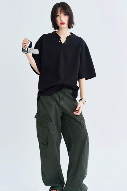 Solid Buoy Neck Loose Casual Tops