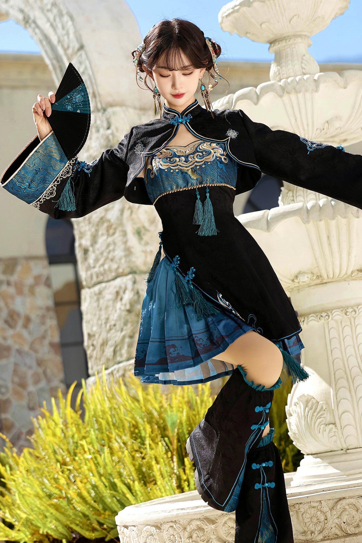 Cyberpunk Chinese-Style Lolita Top + Strapped Dress + Skirt + Leg Covers