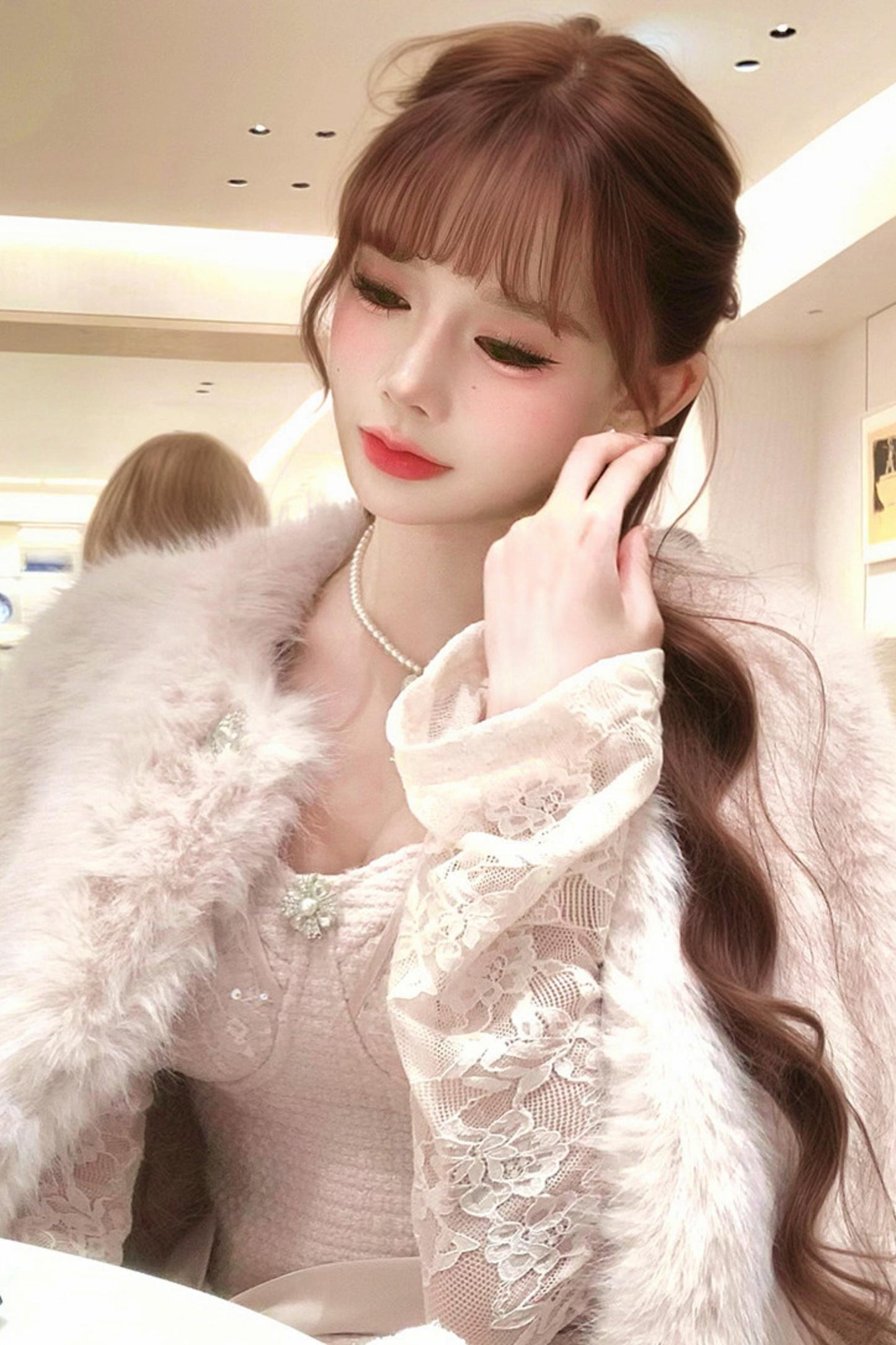 Lace Waist Slim Fit Dress + Fur Coat