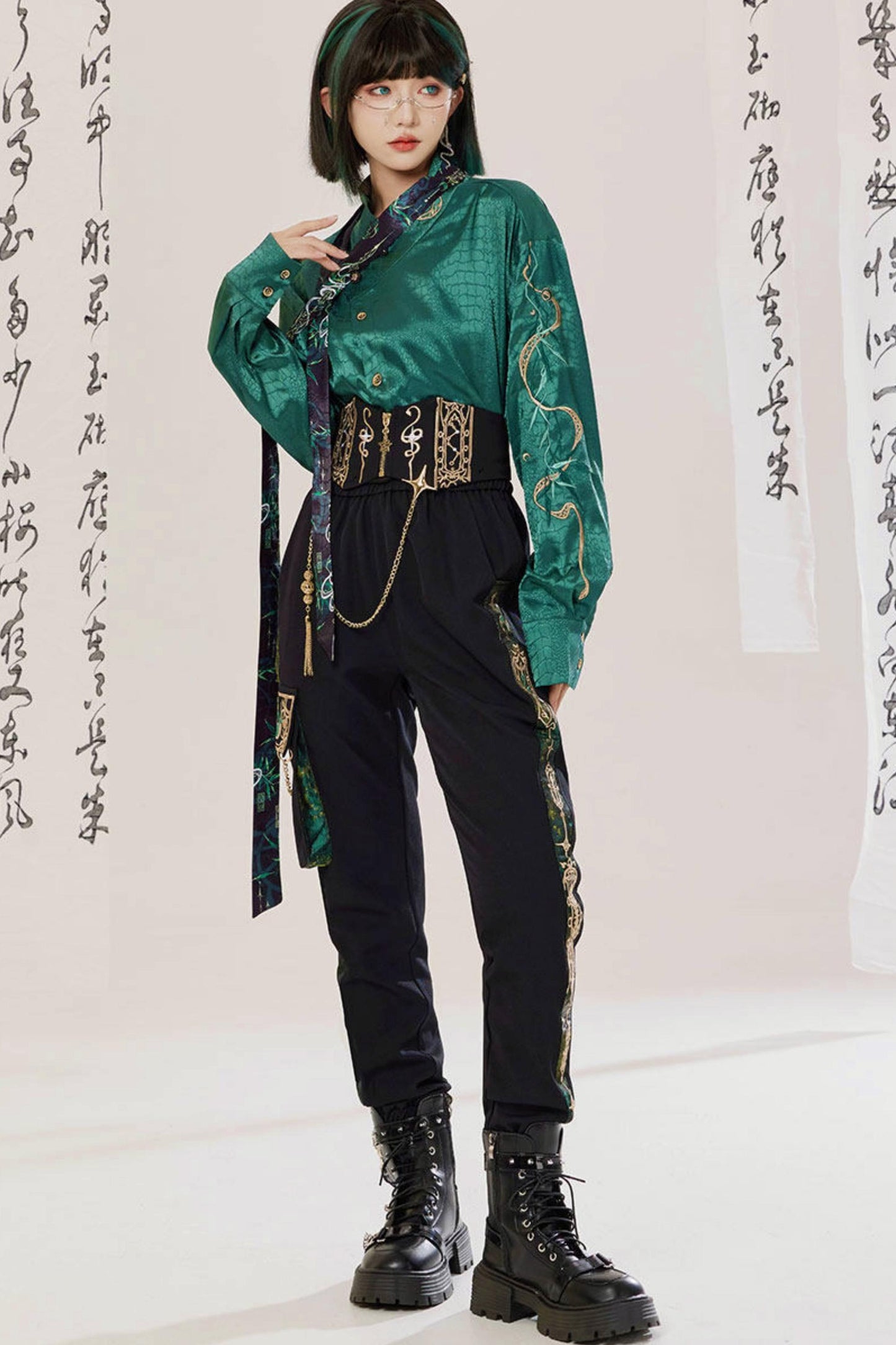 Jade Moon Dragon Embroidered Chinese Shirt + Moon Pocket Pants