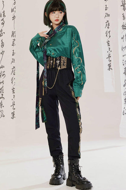 Jade Moon Dragon Embroidered Chinese Shirt + Moon Pocket Pants