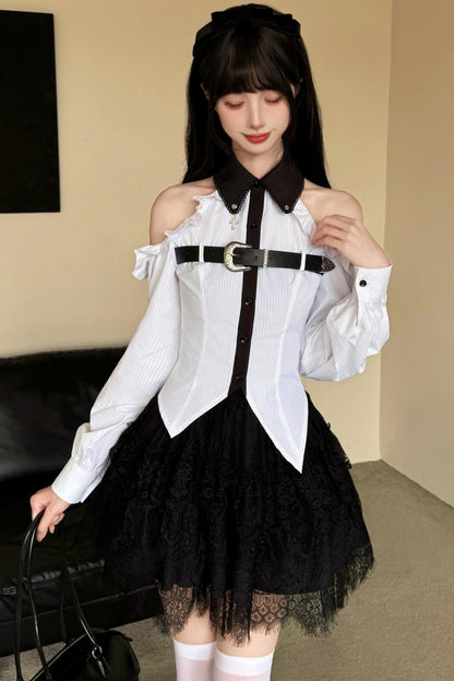 Dunkelgotische schulterfreie Bluse + Rock