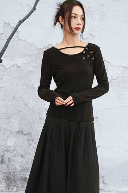 クリスタルボタンベルベットニットトップス