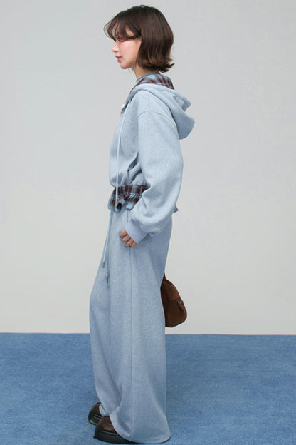 パッチワークプラッドフーデッドジャケットセットアップ