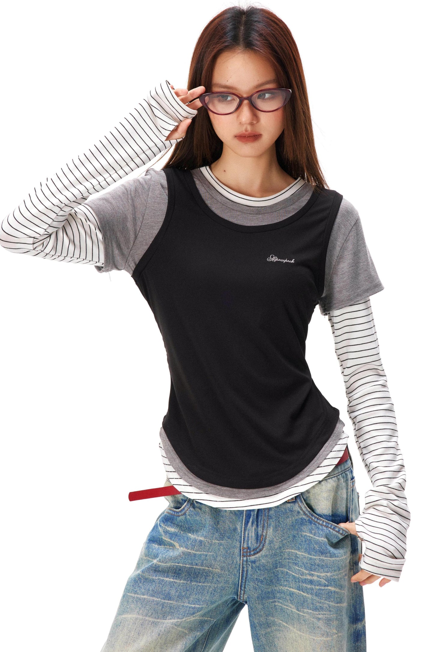 ストライプドパッチワークレイヤードトップス