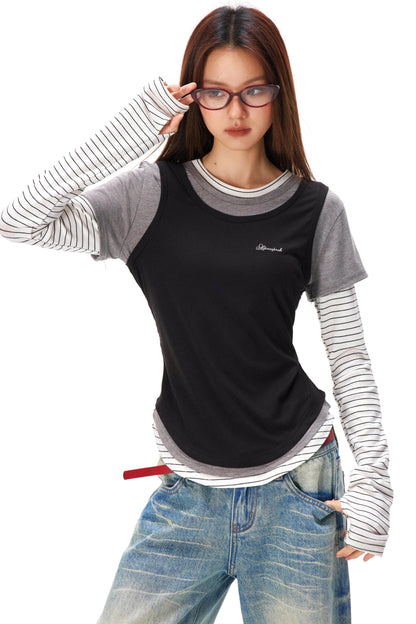 ストライプドパッチワークレイヤードトップス