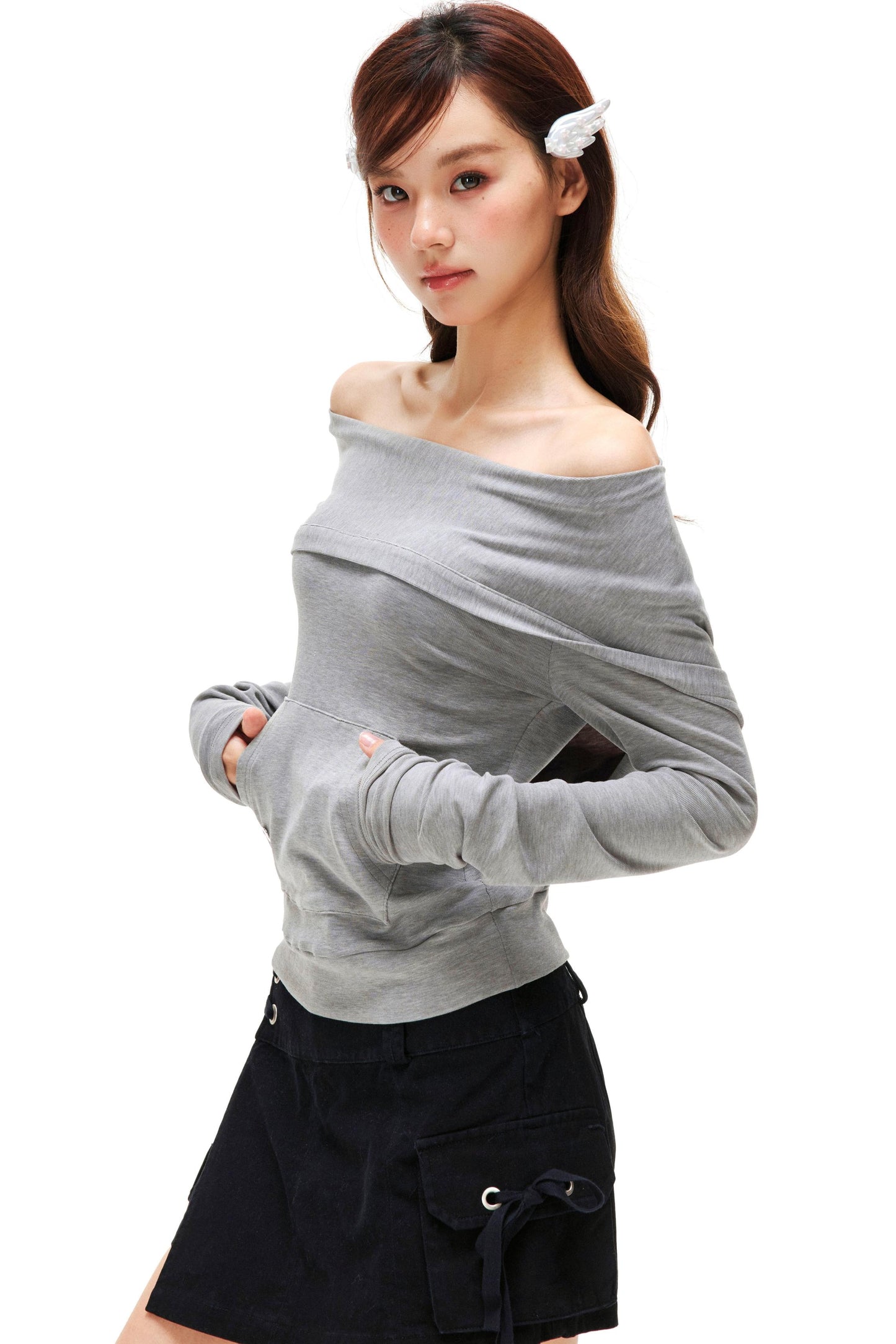 Off-Shoulder Slimming Hoodie Top