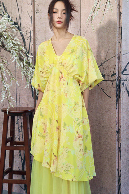 ロマンチックジャスミンイエローシフォンドレスセット（Vネックドレス＋シアーチュールロングキャミドレス））