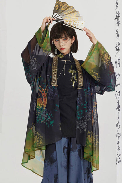 Black and Gold Oriental Ribbon Shirt + Chinese Wide-Leg Pants