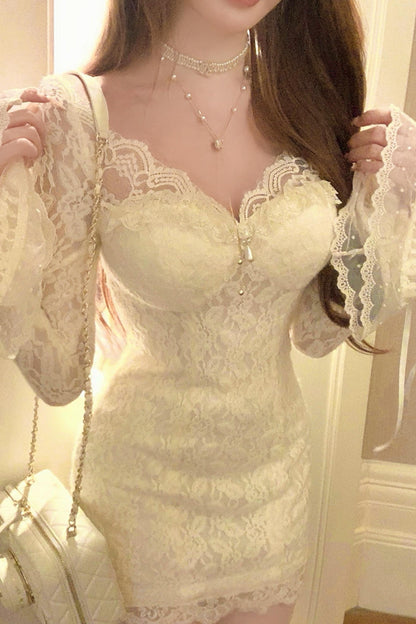 Lace Tight Flare Sleeve Hip Dress