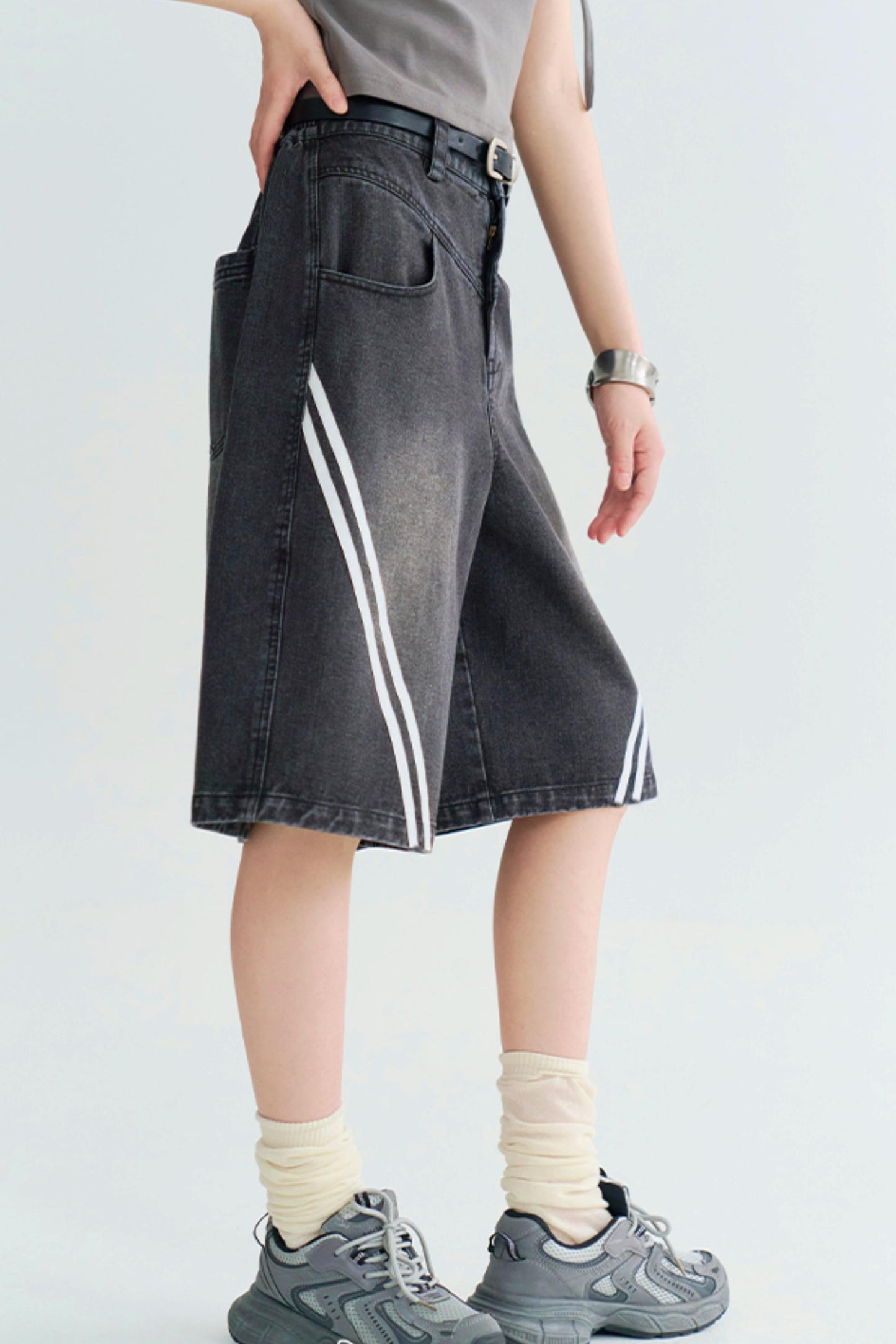 ストライプコントラストクロップドジーンズ