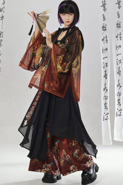 Gold Dragon Embroidered Choker Top (with Cups) + Chinese-Style Wide-Leg Pants