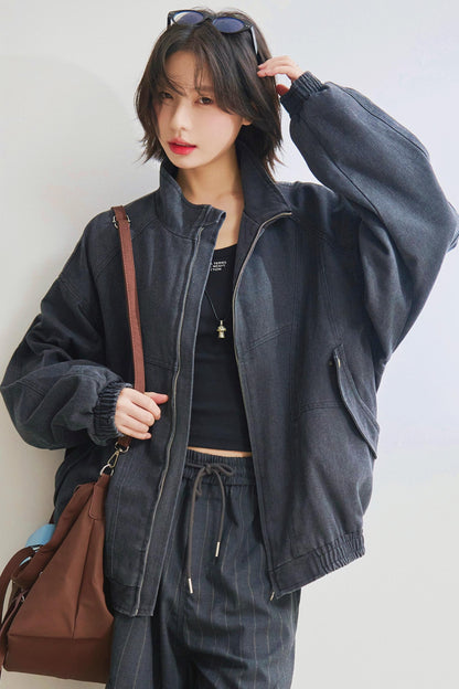 Relaxed fit denim stand up jacket