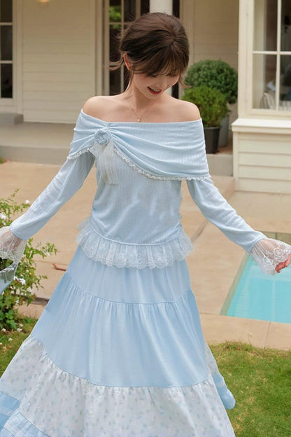 レースパッチワークオフショルダートップス+ロングスカート