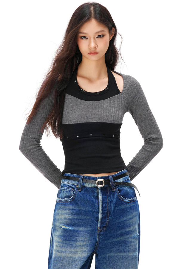 ラインストーンレイヤードニットトップス