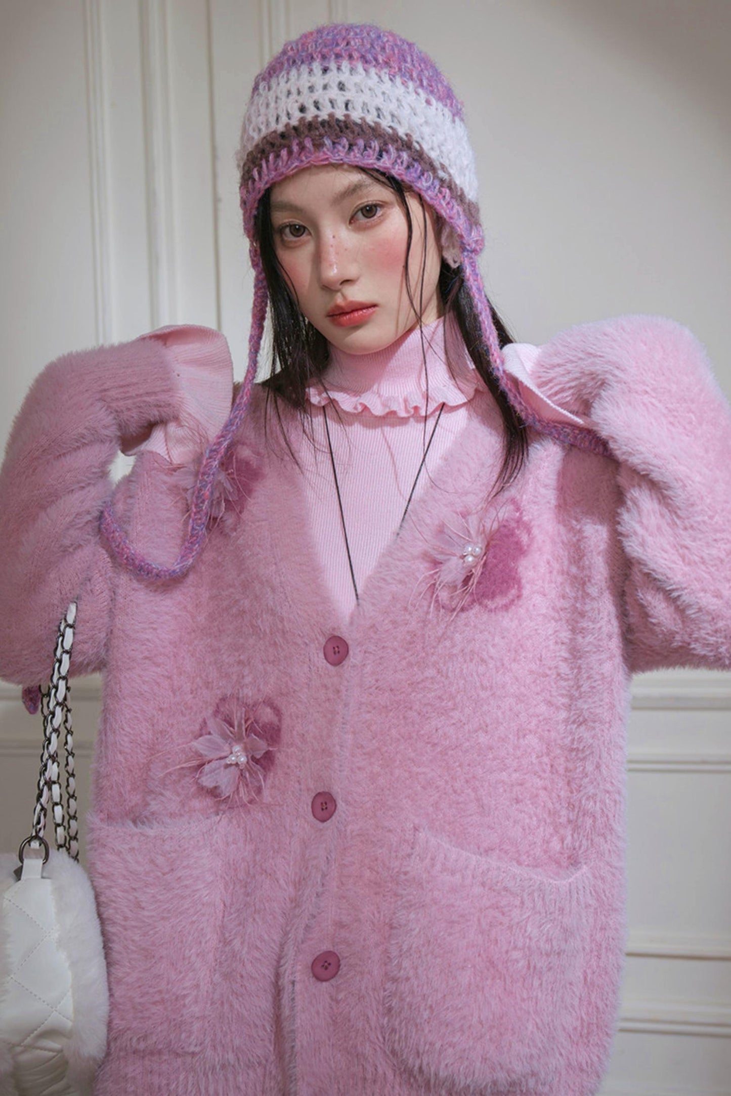 Pink Feather Floral Cardigan