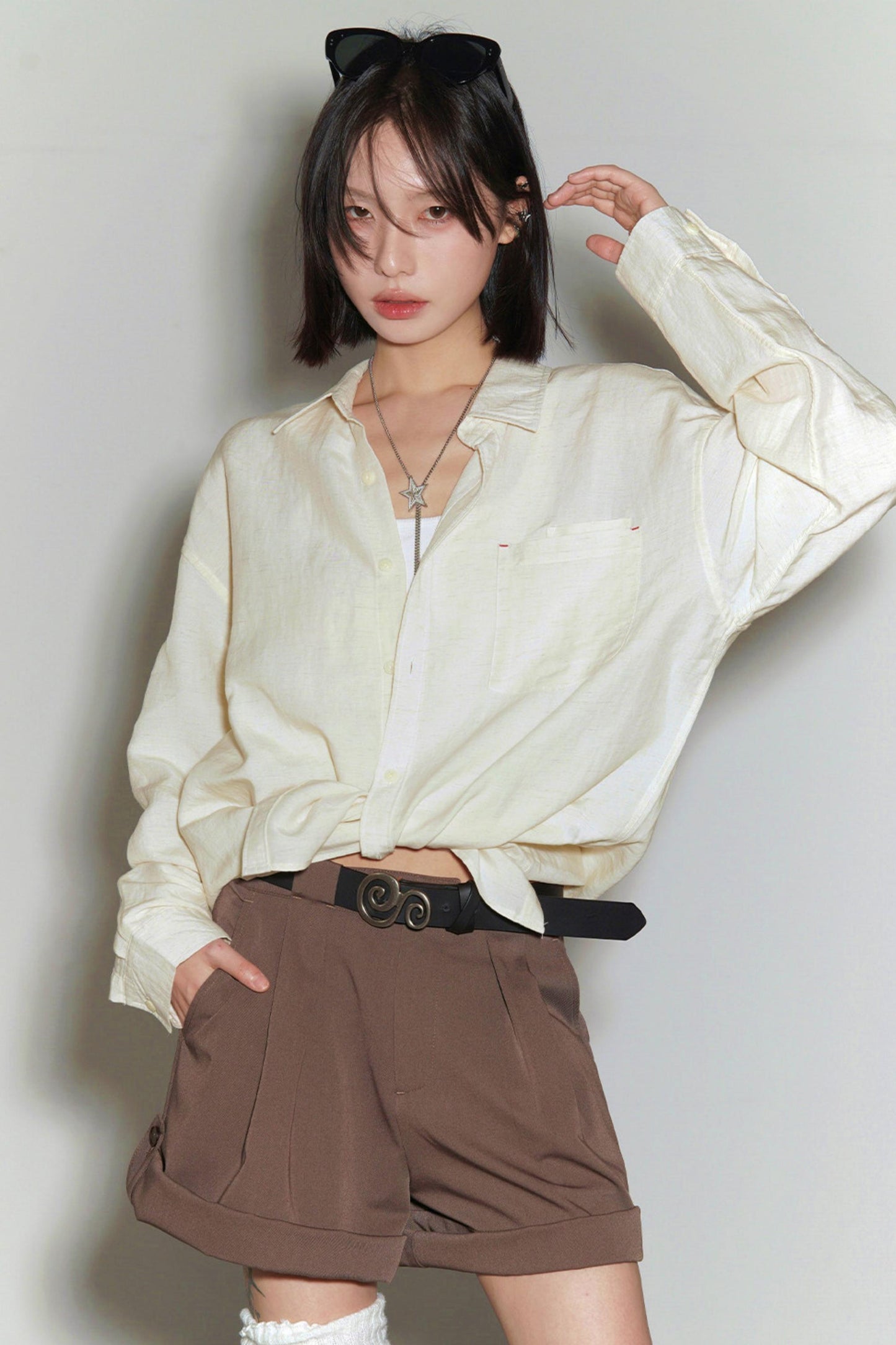 코튼 린넨 긴팔 블라우스