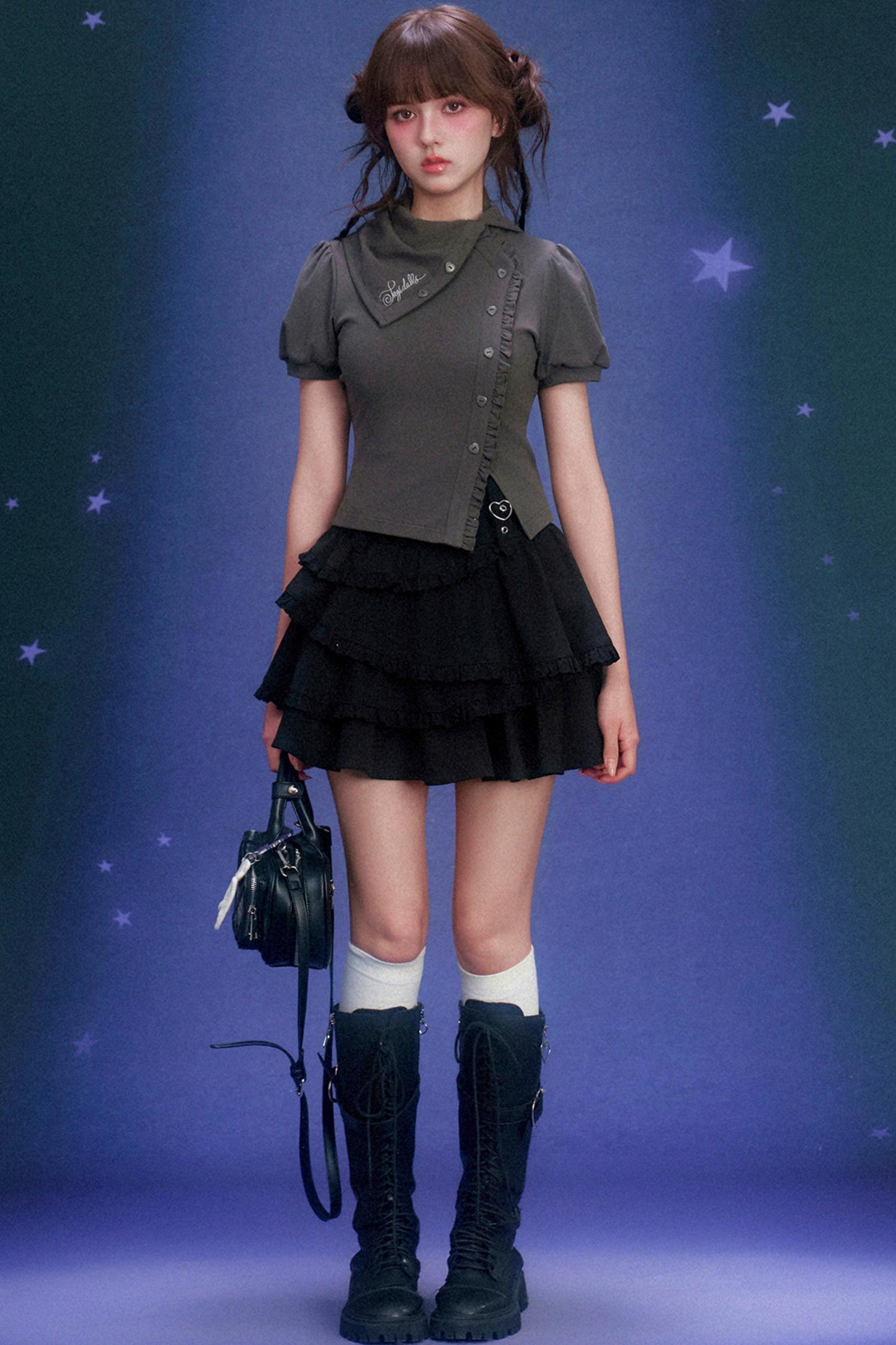 Dark-Kawaii-Oberteil mit Puffärmeln