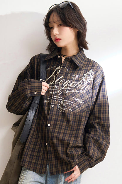 Oversized letter-print check shirt