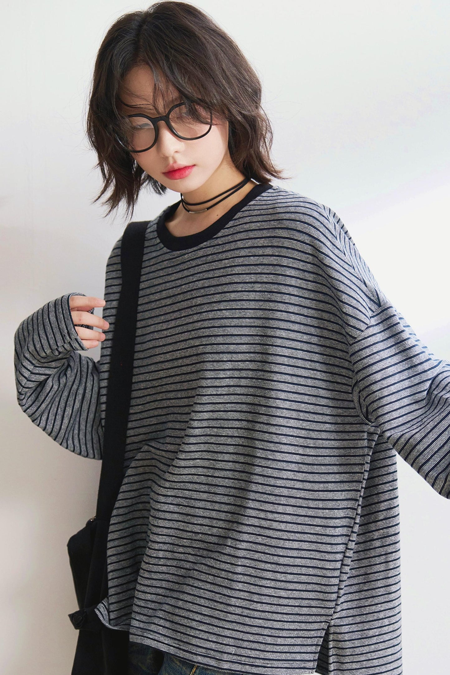 リラックスストライプクルーネックTシャツ