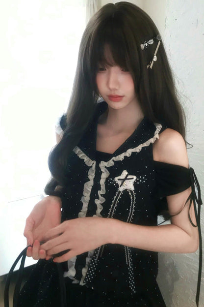 Vestido de hombros descubiertos con estrellas negras + top
