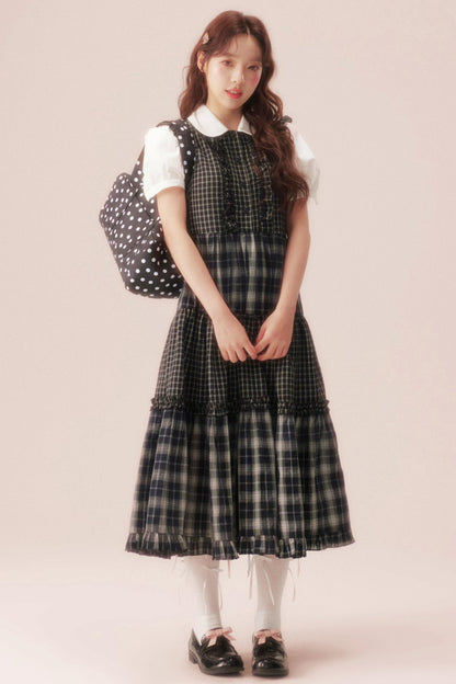 Black Plaid Patchwork Loose Shirt Dress