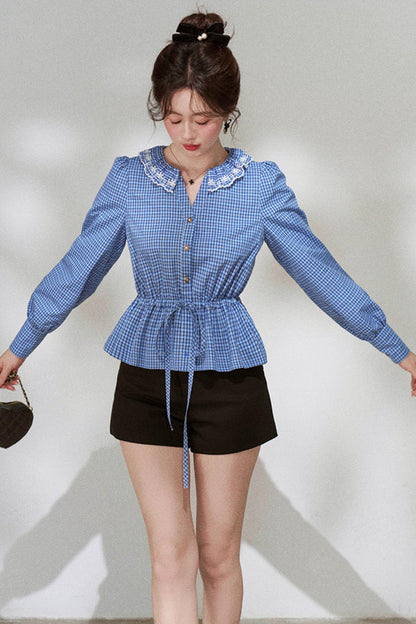Elegant Plaid Doll Collar Blouse
