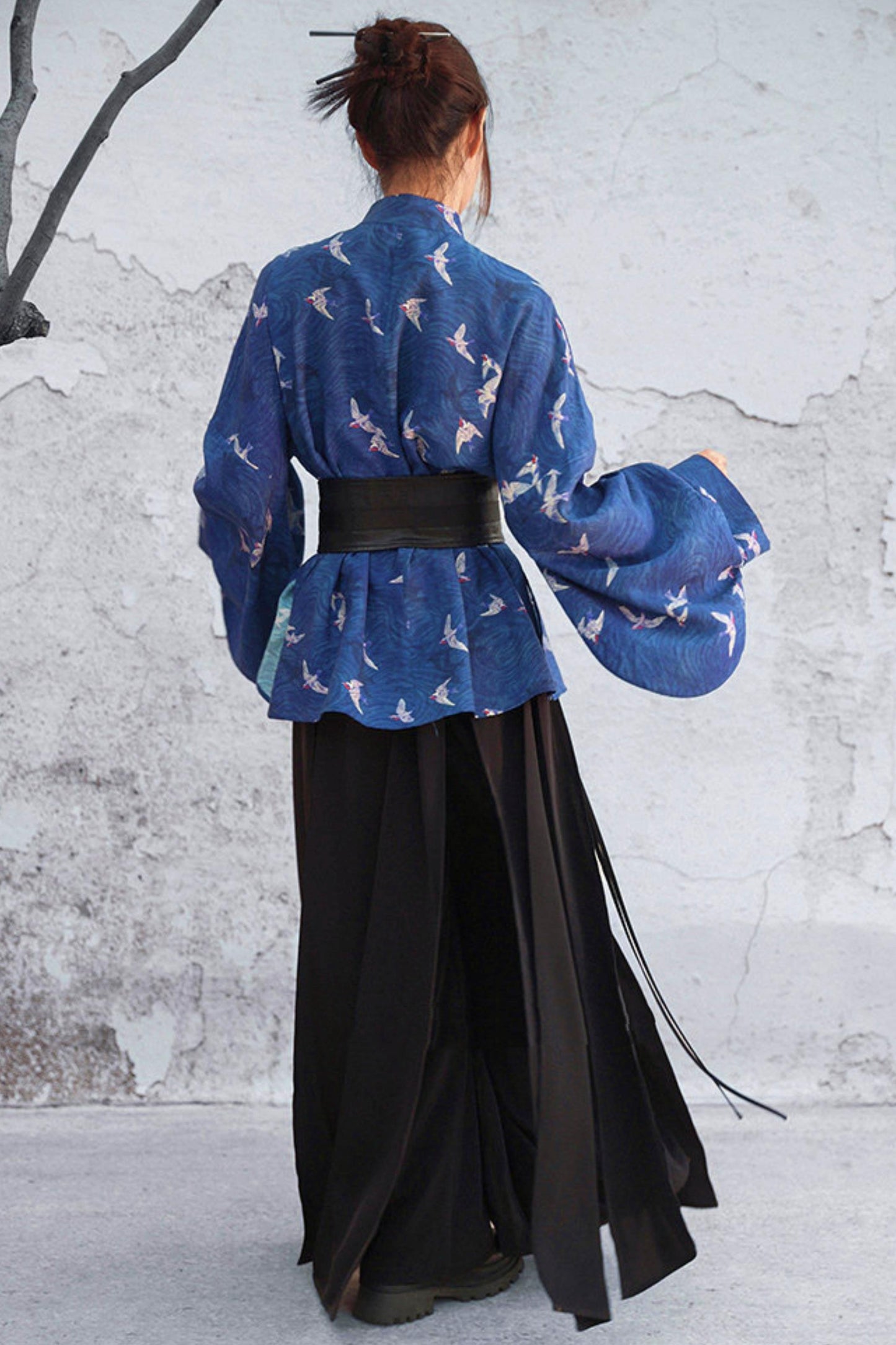 Dark Blue Retro Bird Pattern Stand Collar Shirt