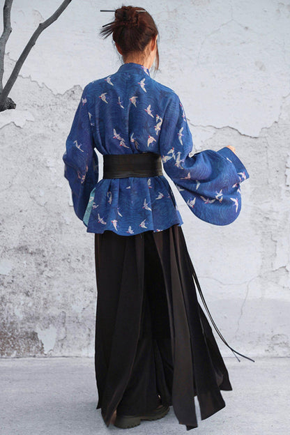 Dark Blue Retro Bird Pattern Stand Collar Shirt